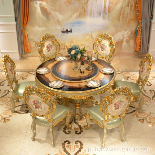 Mesa de jantar redonda de madeira maciça estilo europeu clássico